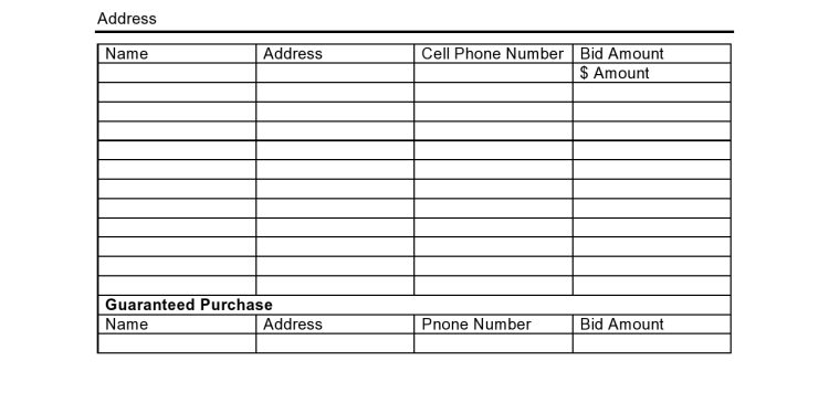 Silent auction bidding sheet